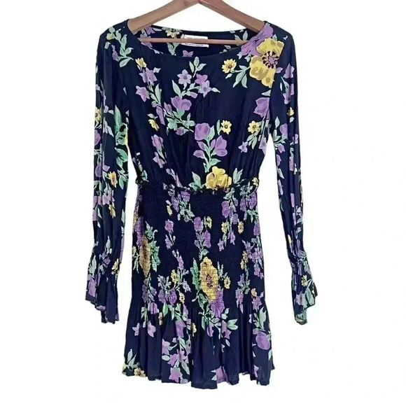 Urban Outfitters UO Black and Purple Smocked Floral Mini Dress Size M - Picture 1 of 7